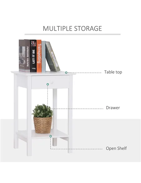 HOMCOM White Bedside Table, Wooden Side Table, Nightstand, Bedside Cabinet with Drawer and Storage Shelf for Bedroom and Living 