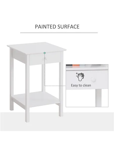 HOMCOM White Bedside Table, Wooden Side Table, Nightstand, Bedside Cabinet with Drawer and Storage Shelf for Bedroom and Living 