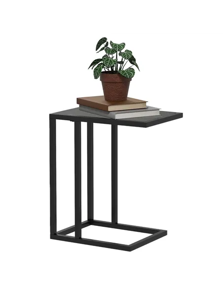 HOMCOM C Shape Bedside Table w/Metal Frame Marble-Effect Top Sofa Narrow Snack End Table for Living Room, Black