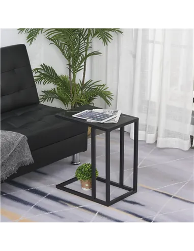HOMCOM C Shape Bedside Table w/Metal Frame Marble-Effect Top Sofa Narrow Snack End Table for Living Room, Black