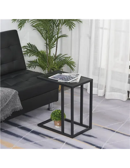 HOMCOM C Shape Bedside Table w/Metal Frame Marble-Effect Top Sofa Narrow Snack End Table for Living Room, Black