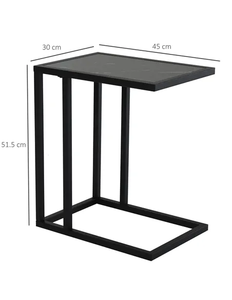 HOMCOM C Shape Bedside Table w/Metal Frame Marble-Effect Top Sofa Narrow Snack End Table for Living Room, Black