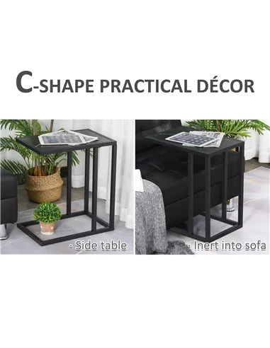 HOMCOM C Shape Bedside Table w/Metal Frame Marble-Effect Top Sofa Narrow Snack End Table for Living Room, Black