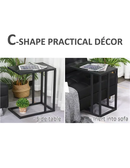 HOMCOM C Shape Bedside Table w/Metal Frame Marble-Effect Top Sofa Narrow Snack End Table for Living Room, Black