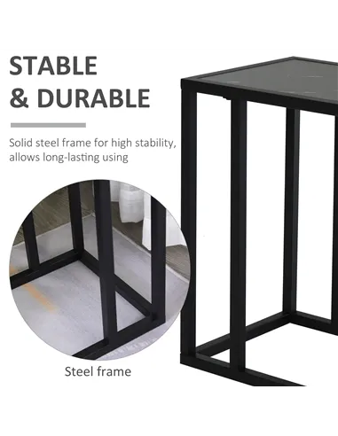 HOMCOM C Shape Bedside Table w/Metal Frame Marble-Effect Top Sofa Narrow Snack End Table for Living Room, Black