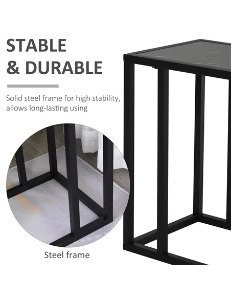 HOMCOM C Shape Bedside Table w/Metal Frame Marble-Effect Top Sofa Narrow Snack End Table for Living Room, Black