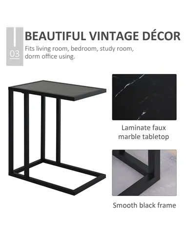 HOMCOM C Shape Bedside Table w/Metal Frame Marble-Effect Top Sofa Narrow Snack End Table for Living Room, Black