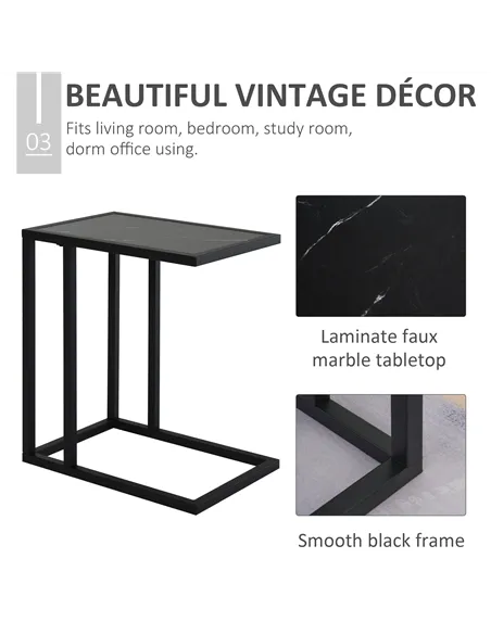 HOMCOM C Shape Bedside Table w/Metal Frame Marble-Effect Top Sofa Narrow Snack End Table for Living Room, Black