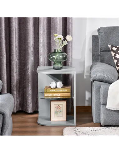 HOMCOM Modern Side Table Three Layer Bedside Table Nightstand with 2 Storage Shelves, for Living room, Bedroom, Grey