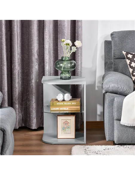 HOMCOM Modern Side Table Three Layer Bedside Table Nightstand with 2 Storage Shelves, for Living room, Bedroom, Grey