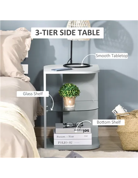 HOMCOM Modern Side Table Three Layer Bedside Table Nightstand with 2 Storage Shelves, for Living room, Bedroom, Grey