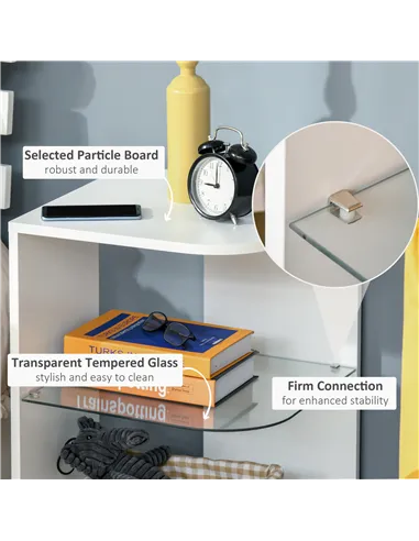 HOMCOM Modern Side Table Three Layer Bedside Table Nightstand with 2 Storage Shelves, for Living room, Bedroom, White