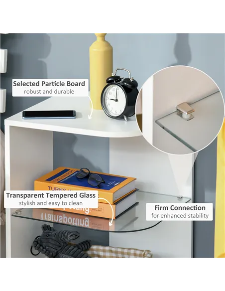 HOMCOM Modern Side Table Three Layer Bedside Table Nightstand with 2 Storage Shelves, for Living room, Bedroom, White