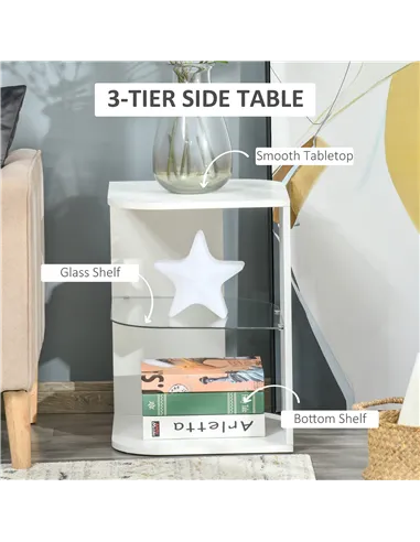 HOMCOM Modern Side Table Three Layer Bedside Table Nightstand with 2 Storage Shelves, for Living room, Bedroom, White