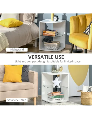 HOMCOM Modern Side Table Three Layer Bedside Table Nightstand with 2 Storage Shelves, for Living room, Bedroom, White