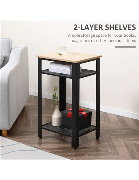 HOMCOM Tall Side Table with 3 Layer 2 Shelves Storage Display Industrial-Style Metal Frame Bedside End Table Nightstand for Livi