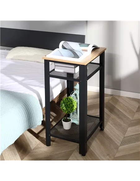 HOMCOM Tall Side Table with 3 Layer 2 Shelves Storage Display Industrial-Style Metal Frame Bedside End Table Nightstand for Livi