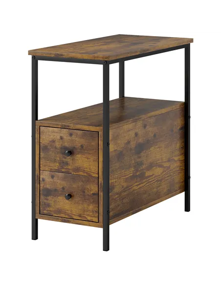 HOMCOM Side Table, Narrow Bedside Table with 2 Drawers and Storage Shelf, Industrial End Table with Metal Frame for Small Spaces