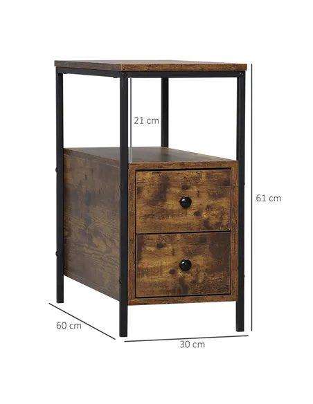 HOMCOM Side Table, Narrow Bedside Table with 2 Drawers and Storage Shelf, Industrial End Table with Metal Frame for Small Spaces