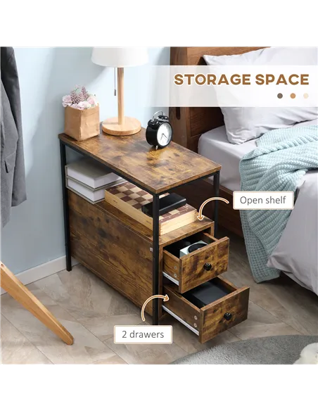HOMCOM Side Table, Narrow Bedside Table with 2 Drawers and Storage Shelf, Industrial End Table with Metal Frame for Small Spaces