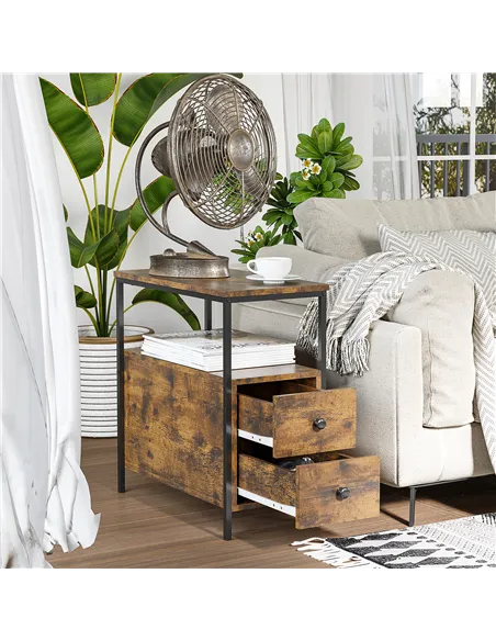 HOMCOM Side Table, Narrow Bedside Table with 2 Drawers and Storage Shelf, Industrial End Table with Metal Frame for Small Spaces