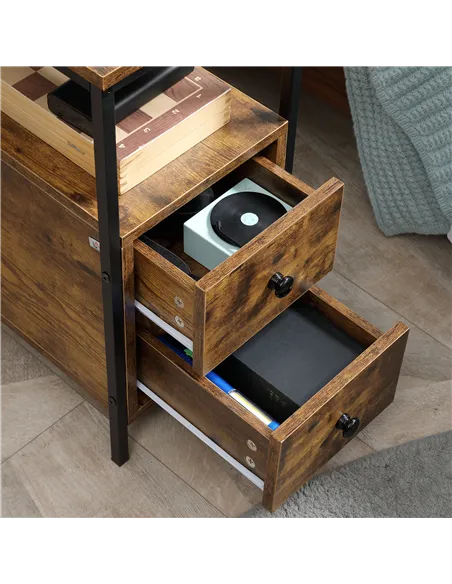 HOMCOM Side Table, Narrow Bedside Table with 2 Drawers and Storage Shelf, Industrial End Table with Metal Frame for Small Spaces