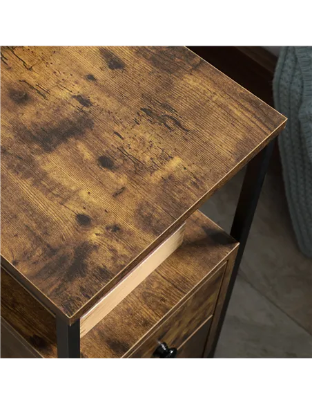 HOMCOM Side Table, Narrow Bedside Table with 2 Drawers and Storage Shelf, Industrial End Table with Metal Frame for Small Spaces