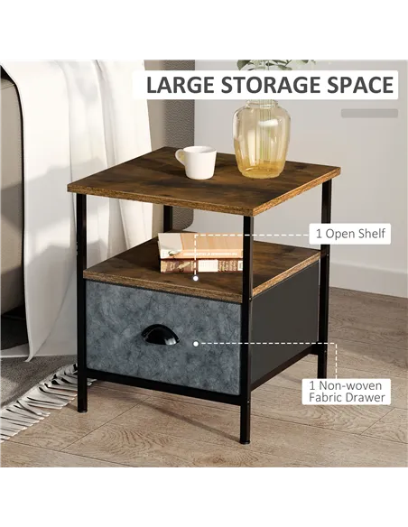HOMCOM Bedside Table, Nightstand with Non-Woven Fabric Drawer, Side Table, End Table for Living room, Bedroom, Rustic Brown