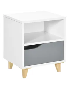 HOMCOM Modern Bedside Table, Side End Table with Shelf, Drawer and Wood Legs, 36.8cmx33cmx43.8cm, White and Grey