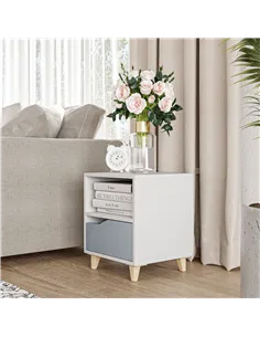 HOMCOM Modern Bedside Table, Side End Table with Shelf, Drawer and Wood Legs, 36.8cmx33cmx43.8cm, White and Grey 2