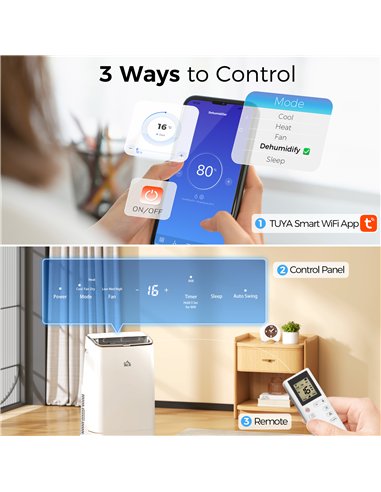 HOMCOM 14000 BTU Mobile Air Conditioner, 35m², Smart Home WiFi, with Dehumidifier, Fan, 24H Timer, Window Kit, White