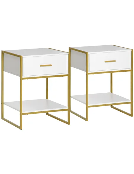 HOMCOM Set of Two Elegant Bedside Tables - White/Gold-Tone