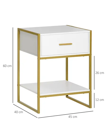 HOMCOM Set of Two Elegant Bedside Tables - White/Gold-Tone