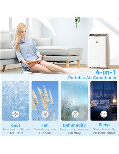 HOMCOM 14000 BTU Mobile Air Conditioner, 35m², Smart Home WiFi, with Dehumidifier, Fan, 24H Timer, Window Kit, White