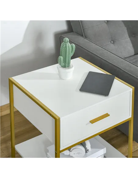 HOMCOM Set of Two Elegant Bedside Tables - White/Gold-Tone