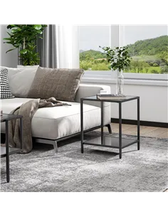 HOMCOM Tempered Glass Side Table with Storage, Modern 2-Tier Bedside Table with Steel Frame, Black 2