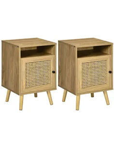 HOMCOM Bedside Table with Rattan Element, Side End Table with Shelf and Cupboard, 39cmx35cmx60cm, Set of 2, Natural