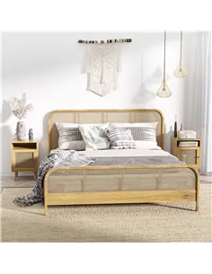 HOMCOM Bedside Table with Rattan Element, Side End Table with Shelf and Cupboard, 39cmx35cmx60cm, Set of 2, Natural 2