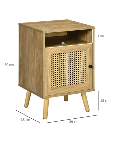 HOMCOM Bedside Table with Rattan Element, Side End Table with Shelf and Cupboard, 39cmx35cmx60cm, Set of 2, Natural