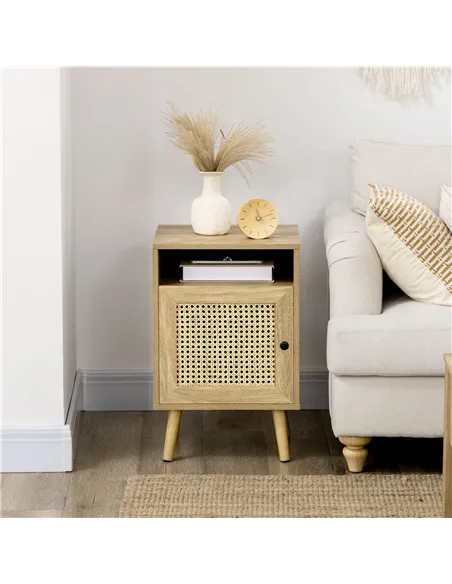 HOMCOM Bedside Table with Rattan Element, Side End Table with Shelf and Cupboard, 39cmx35cmx60cm, Set of 2, Natural