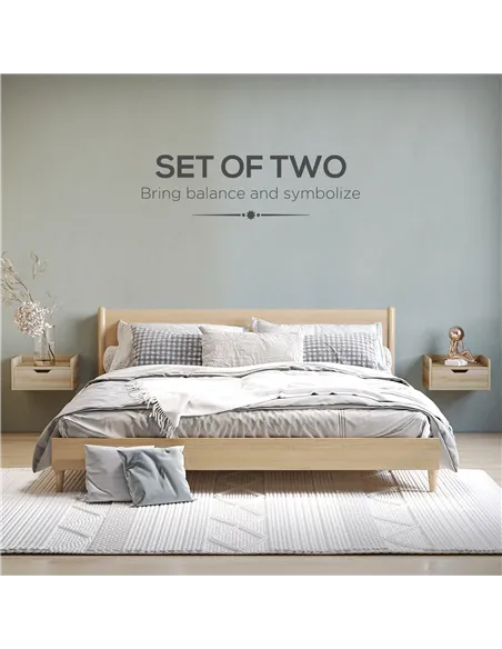 HOMCOM Floating Nightstand Set of 2 Wall Mounted Bedside Table with Storage Drawer for Bedroom, Natural