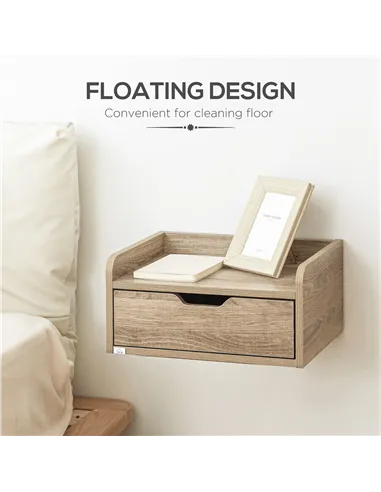 HOMCOM Floating Nightstand Set of 2 Wall Mounted Bedside Table with Storage Drawer for Bedroom, Natural