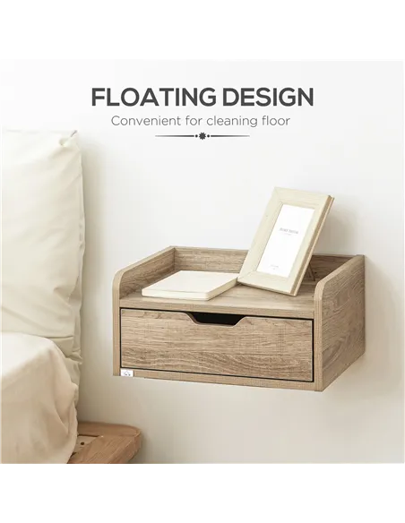 HOMCOM Floating Nightstand Set of 2 Wall Mounted Bedside Table with Storage Drawer for Bedroom, Natural