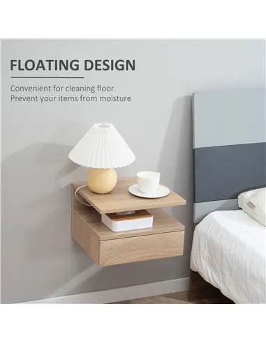 HOMCOM Set of Two Floating Bedside Tables - Oak Tone