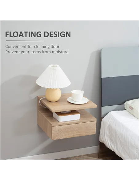 HOMCOM Set of Two Floating Bedside Tables - Oak Tone