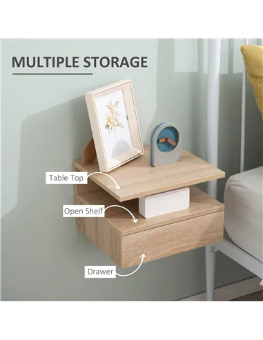 HOMCOM Set of Two Floating Bedside Tables - Oak Tone