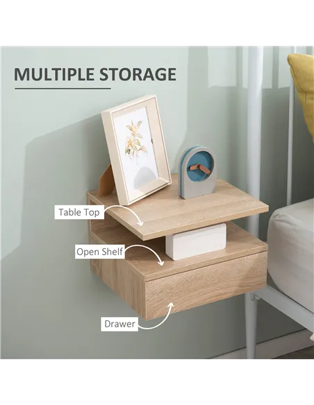 HOMCOM Set of Two Floating Bedside Tables - Oak Tone