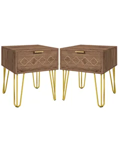 HOMCOM Bedside Table Set of 2 with Drawer, Wooden Nightstand, Modern Sofa Side Table with Gold Tone Metal Legs for Bedroom