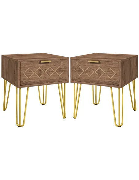 HOMCOM Bedside Table Set of 2 with Drawer, Wooden Nightstand, Modern Sofa Side Table with Gold Tone Metal Legs for Bedroom
