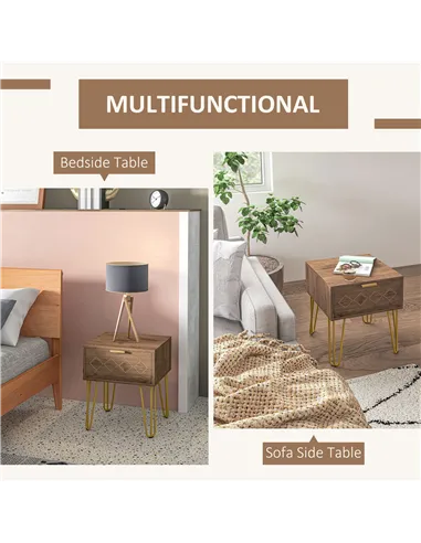 HOMCOM Bedside Table Set of 2 with Drawer, Wooden Nightstand, Modern Sofa Side Table with Gold Tone Metal Legs for Bedroom